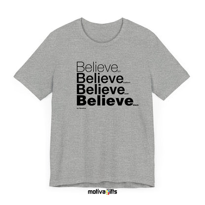 Grey flat-lay T-shirt with black Helvetica typography reads Love in light, medium, bold, and black font weights
