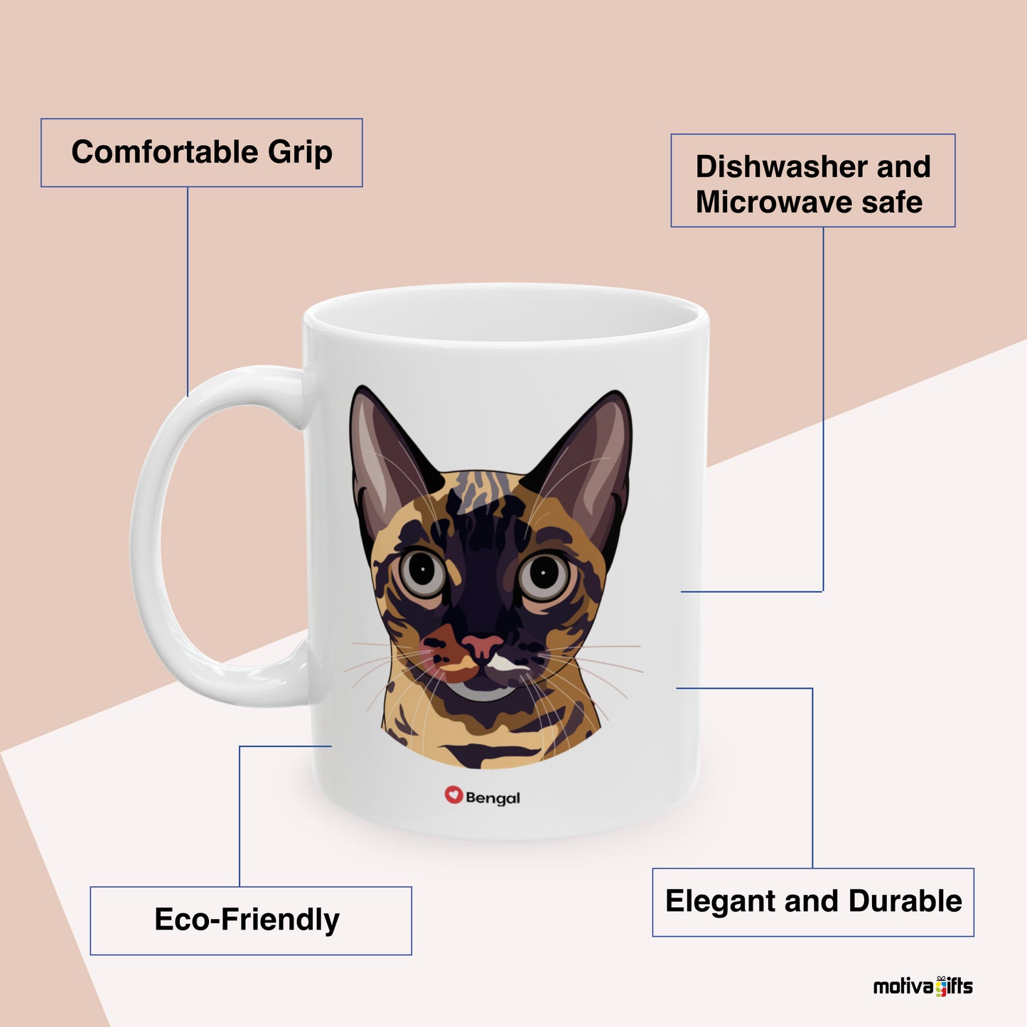 Bengal Love Cat Benefits: comfortable grip, eco-friendly, dishwasher and microwave safe, elegant and durable. By Motiva Gifts.