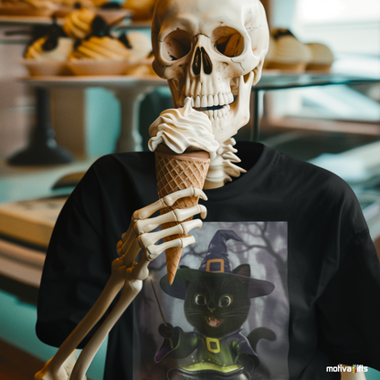 Skeleton wearing a black Shirt featuring a design of a black cat witch making a potion