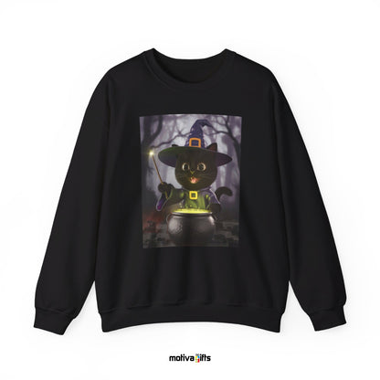 Unisex black sweatshirt featuring a design of a black cat witch making a potion