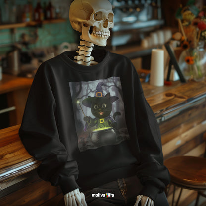 Skeleton wearing a black sweatshirt featuring a design of a black cat witch making a potion