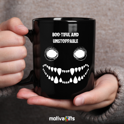 Person holding a Mug Boo-tiful and Unstoppable Mug ,Black,11 oz, Motiva Gifts 