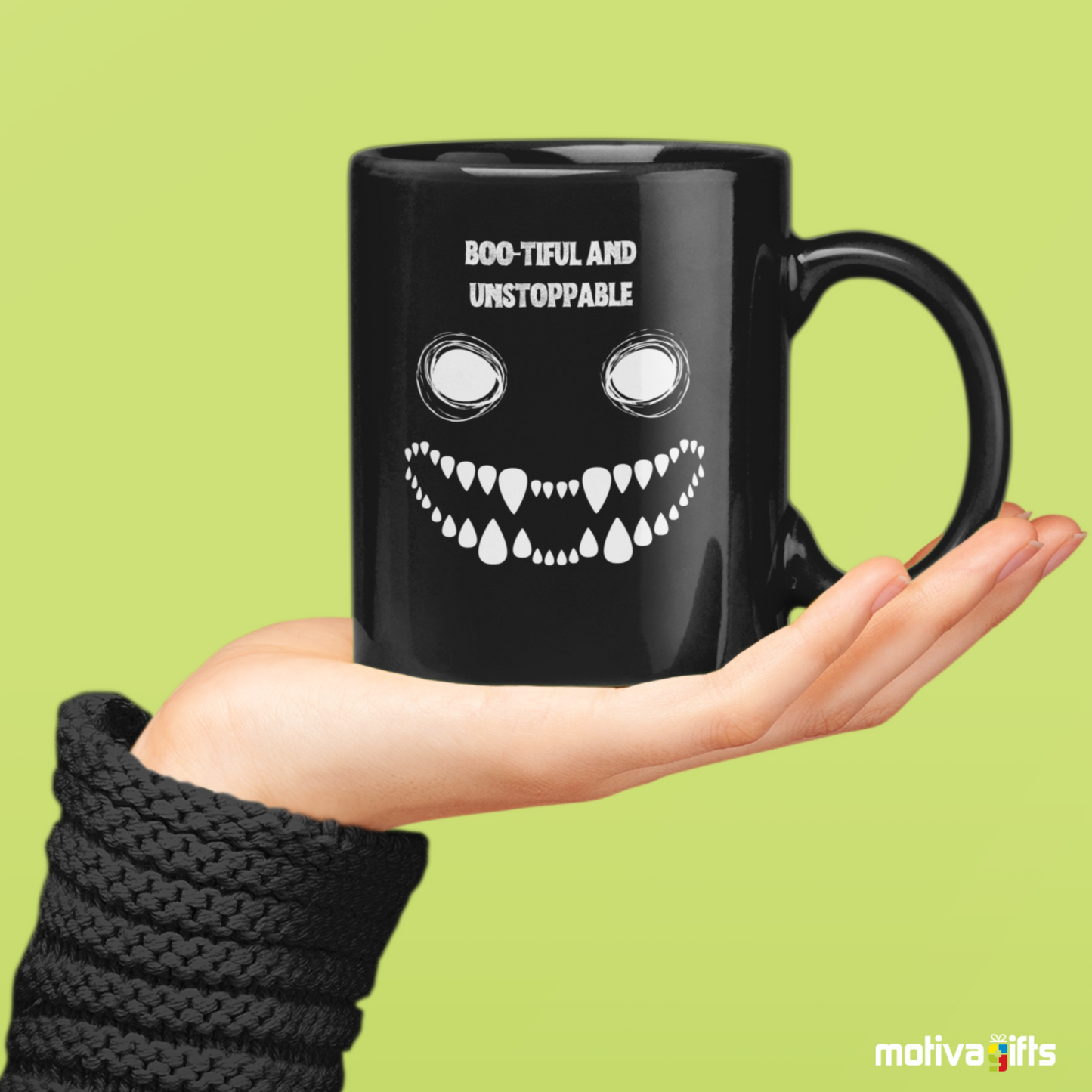 Woman holding a Mug Boo-tiful and Unstopabble Mug ,Black,11 oz, Motiva Gifts