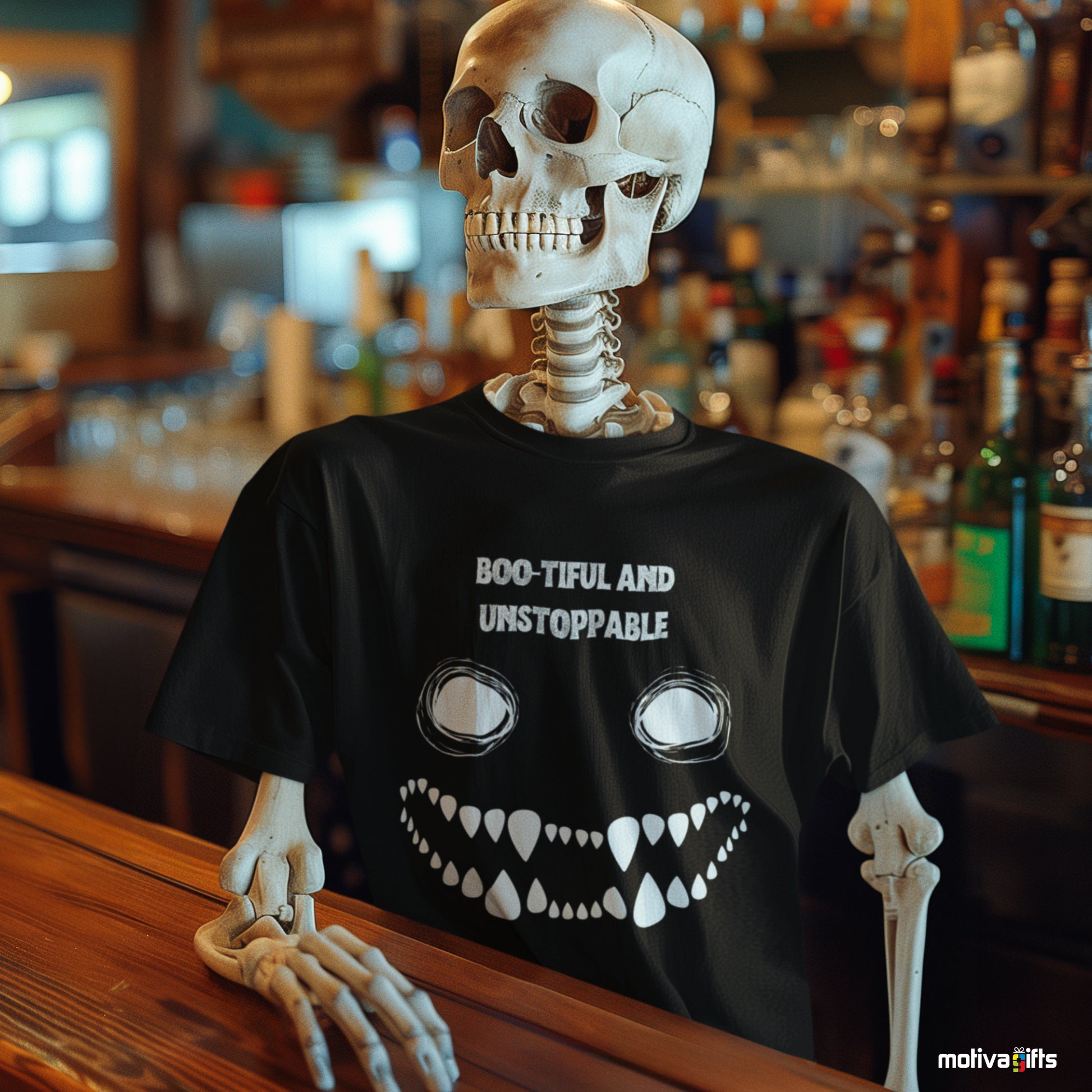 Skeleton wearing a Boo-tiful and Unstoppable Unisex black Crewneck Tshirt 