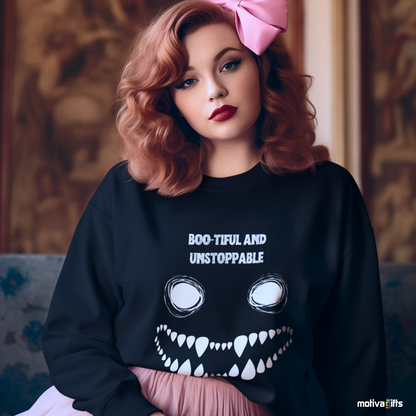 Women wearing a Boo-tiful and Unstoppable Unisex black Crewneck Sweatshirt 