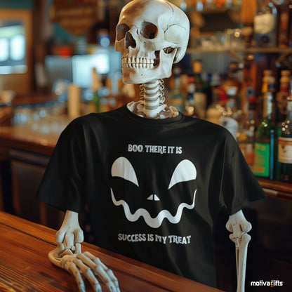 Skeleton wearing a Boo there is success is my treat Unisex black Crewneck Tshirt