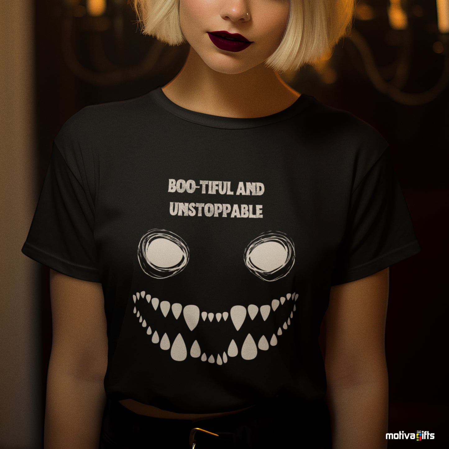 Women wearing a Boo-tiful and Unstoppable Unisex black Crewneck Tshirt 