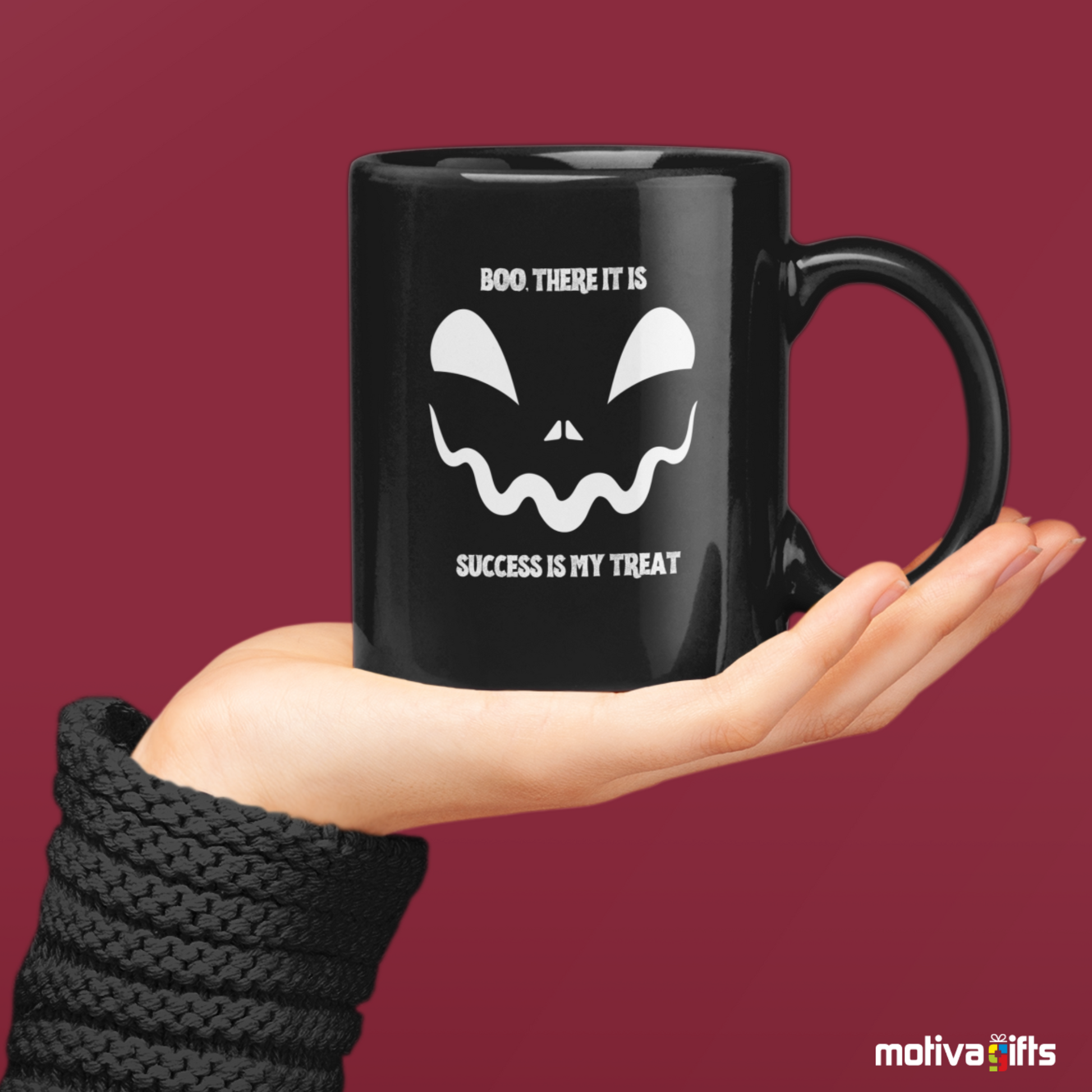 Woman holding a Mug Boo, There is /Success is My Treat Mug,Black,11 & 15 oz, Motiva Gifts