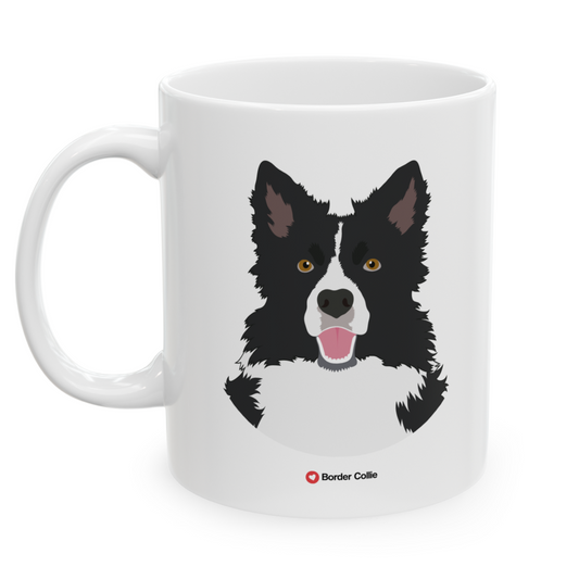 Left view white ceramic 11 oz mug featuring a drawing of a Border Collie Dog. Clean white background.