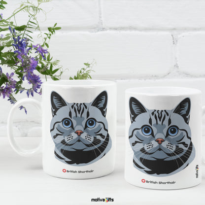 Two mugs, front and back views, of a white 11oz ceramic mug featuring British Shorthair cat love art.