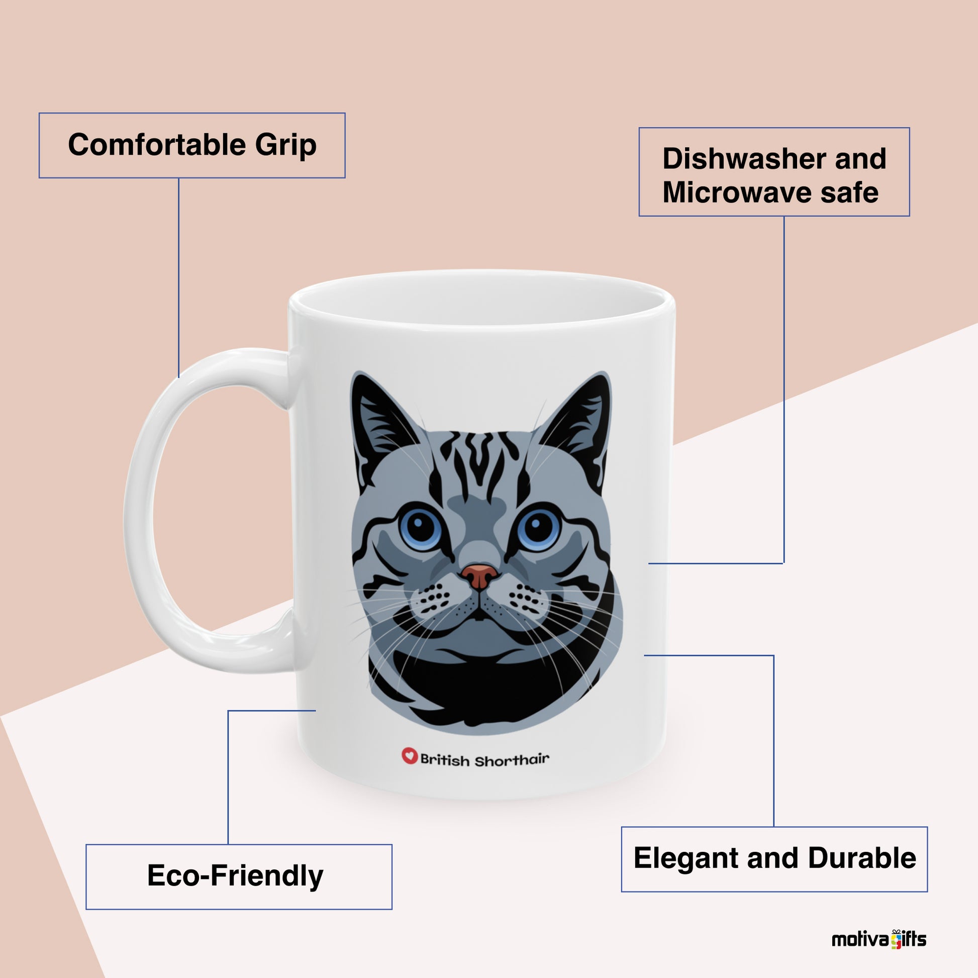 British Shorthair Love Cat Benefits: comfortable grip, eco-friendly, dishwasher and microwave safe, elegant and durable. By Motiva Gifts.