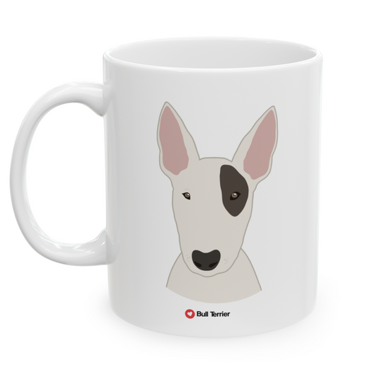 Left view white ceramic 11 oz mug featuring a drawing of a Bull Terrier Dog. Clean white background.