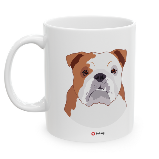 Left view white ceramic 11 oz mug featuring a drawing of a Bulldog Dog. Clean white background.