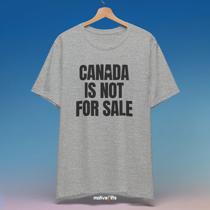 A hanging grey T-shirt featuring bold black typography that reads Canada is Not for Sale