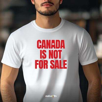 A man wearing a white T-shirt featuring bold red typography that reads Canada is Not for Sale