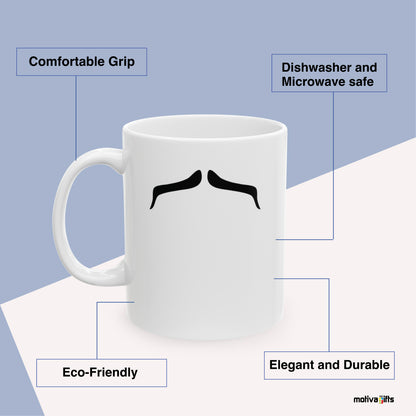 Charles Bronson Mustache Mug Benefits: comfortable grip, eco-friendly, dishwasher and microwave safe, elegant and durable. By Motiva Gifts.