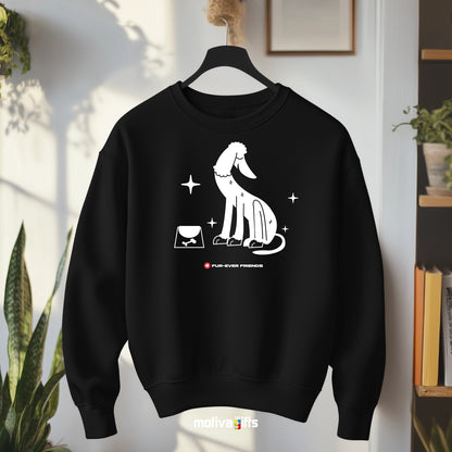 Hanging: A Charm Dog Black Sweatshirt that showcases a unique, fun dog illustration