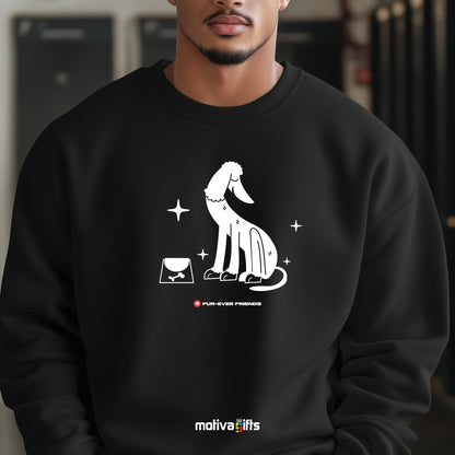 A man wearing a Charm Dog Black Sweatshirt that showcases a unique, fun dog illustration