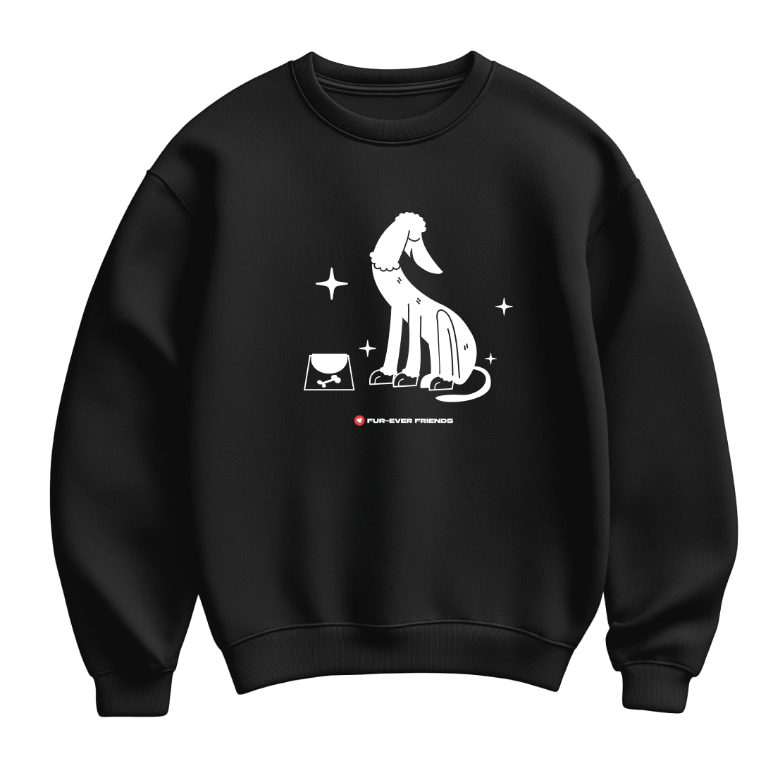 Flat lay image of a unisex Charm Dog Black Sweatshirt showcasing a unique, fun dog illustration on a clean background