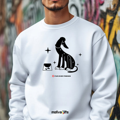 A man wearing a Charm Dog white Sweatshirt that showcases a unique, fun dog illustration