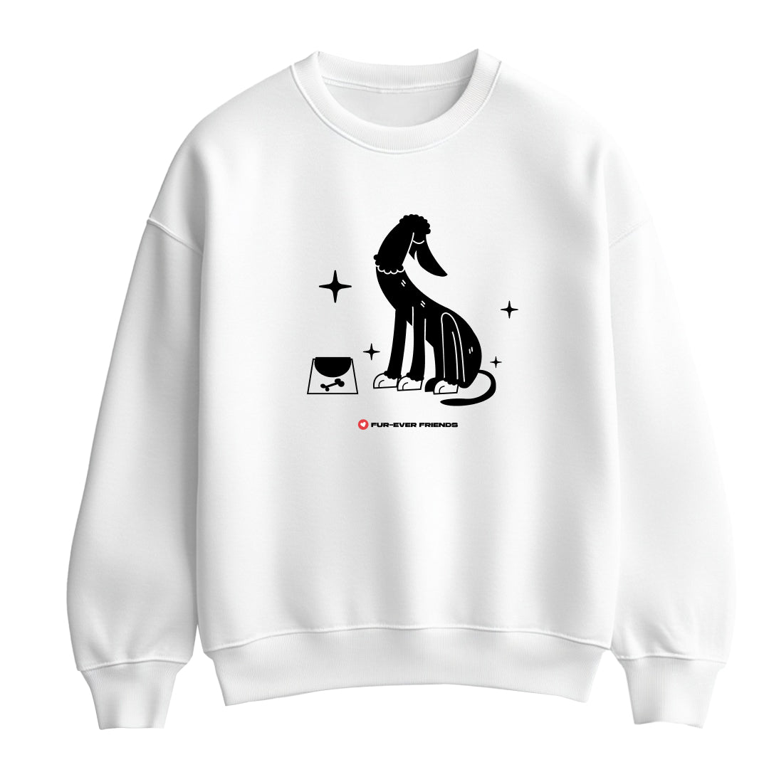 Flat lay image of a unisex white Charm Dog Sweatshirt showcasing a unique, fun dog illustration on a clean background