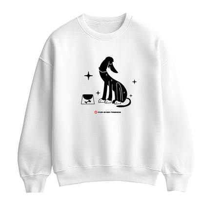 Flat lay image of a unisex white Charm Dog Sweatshirt showcasing a unique, fun dog illustration on a clean background