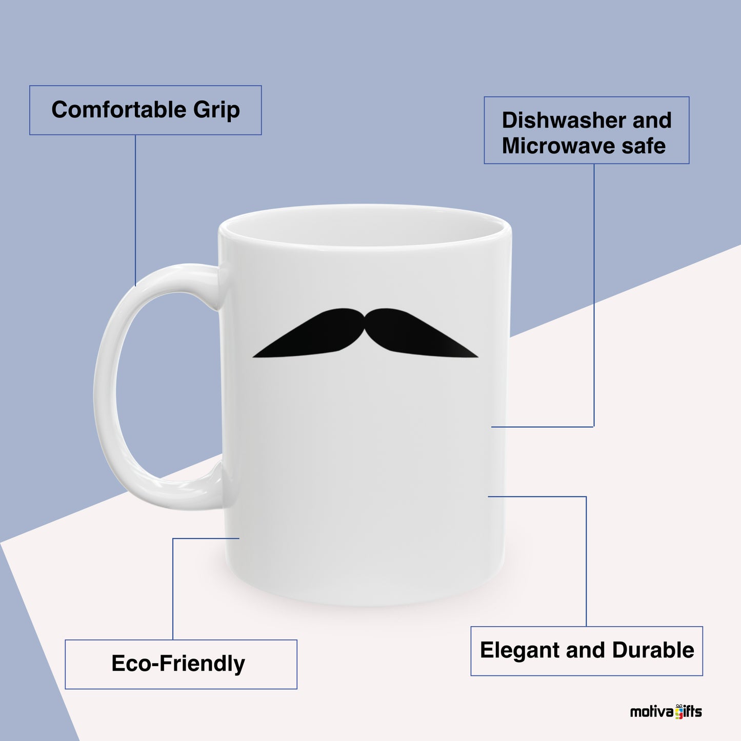 Clark Gable Mustache Mug Benefits: comfortable grip, eco-friendly, dishwasher and microwave safe, elegant and durable. By Motiva Gifts.