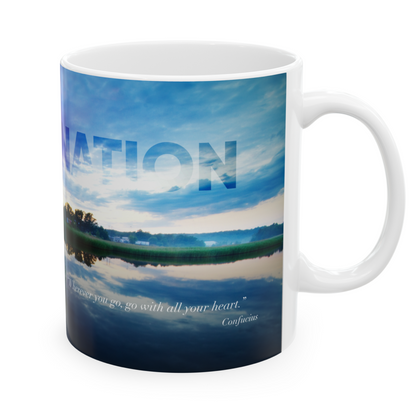 Right view of a white ceramic mug with a wraparound landscape featuring the word ‘Determination’ above a quote by Confucius: ‘Wherever you go, go with all your heart’. Set against a plain white background.