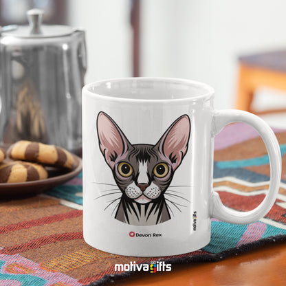 Back view of a white 11oz ceramic mug featuring Devon Rex cat love art.