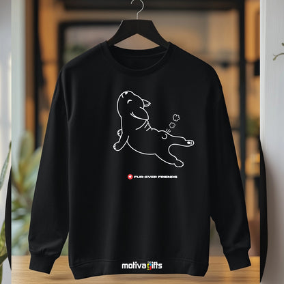 Hanging: Black sweatshirt featuring an exclusive illustration of Dog Stretch 

