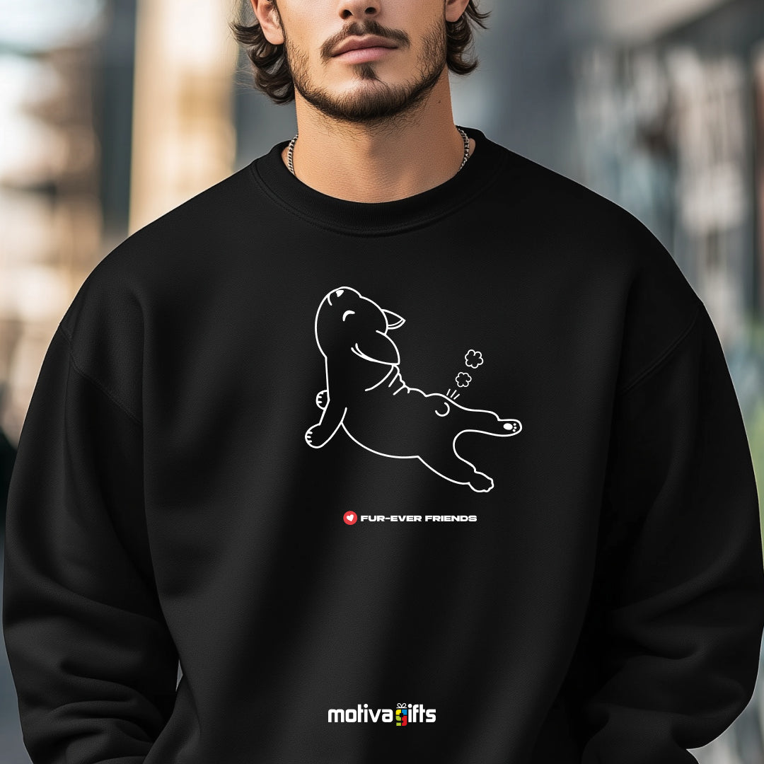 A man wearing a White sweatshirt featuring an exclusive illustration of Dog Stretch