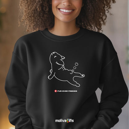 A woman wearing a Black sweatshirt featuring an exclusive illustration of Dog Stretch