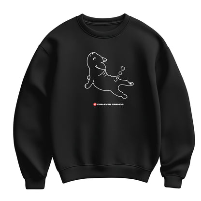 Flat lay view of a Dog Stretch unisex Black sweatshirt featuring an exclusive illustration