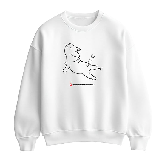 Flat lay view of a Dog Stretch unisex white sweatshirt featuring an exclusive illustration