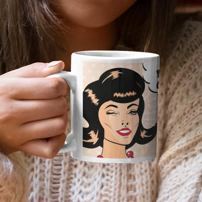 Woman holding a "Dreaming Costs Nothing" Wraparound 11 oz Ceramic Mug from Vintage Vibes Collection, perfect for coffee lovers and dreamers