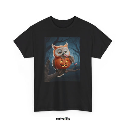 Unisex black Shirt featuring a design of a elf owl dressed in a pumpkin Halloween costume eating candy