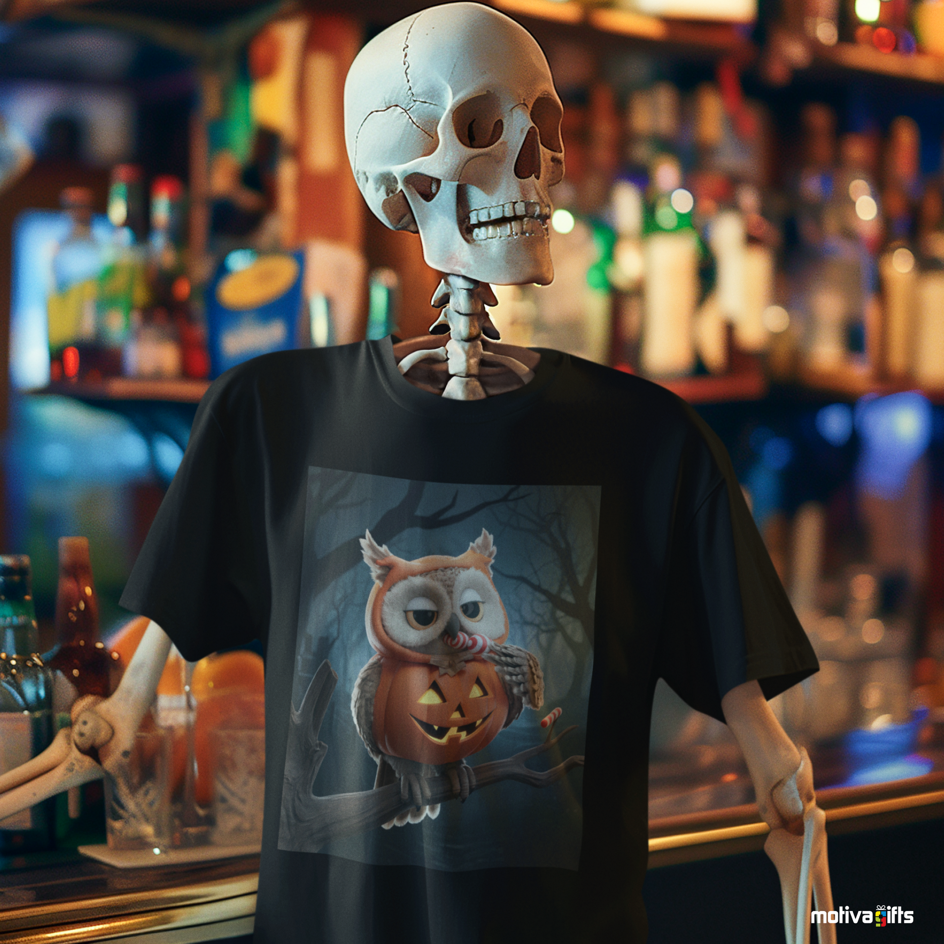 Skeleton wearing a black Shirt featuring a design of a elf owl dressed in a pumpkin Halloween costume eating candy