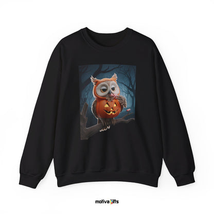 Unisex black sweatshirt featuring a design of a elf owl dressed in a pumpkin Halloween costume eating candy