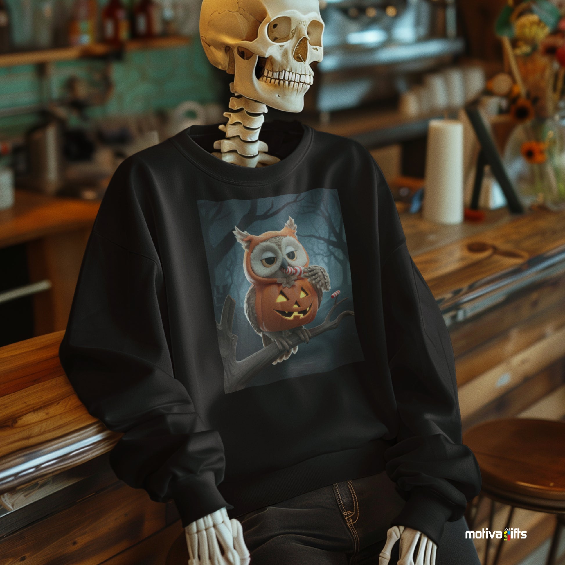 Skeleton wearing a black sweatshirt featuring a design of a elf owl dressed in a pumpkin Halloween costume eating candy