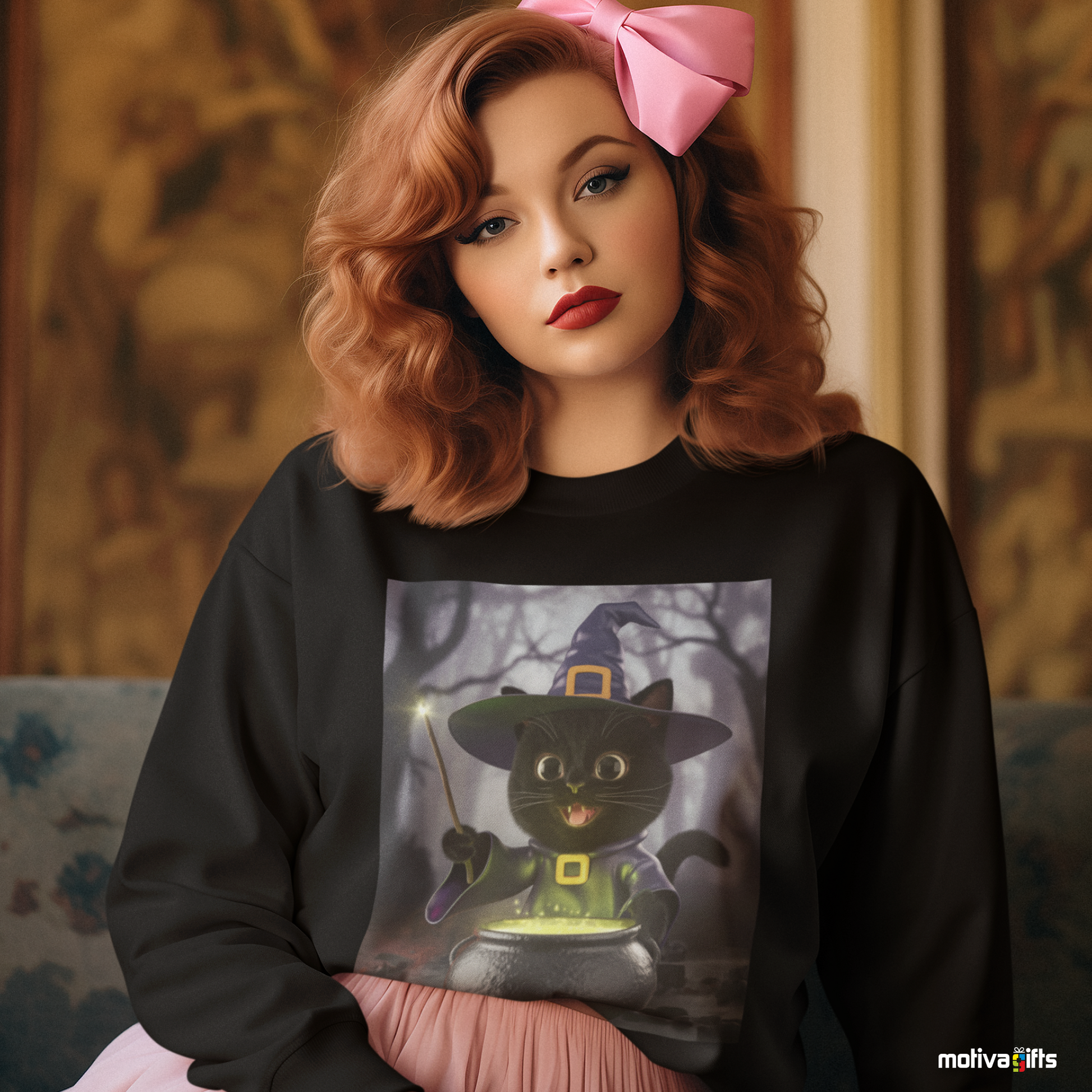 Woman wearing a black sweatshirt featuring a design of a black cat witch making a potion