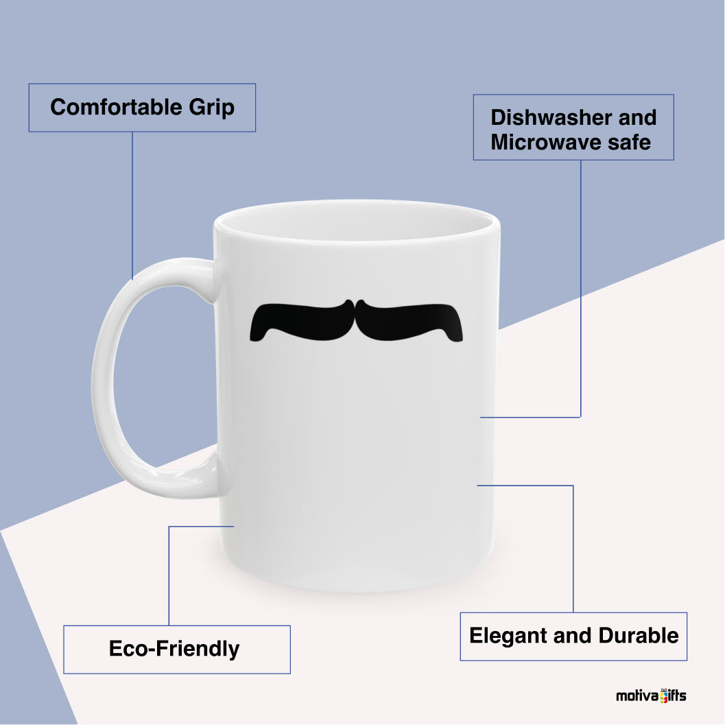 Freddie Mercury Mustache Mug Benefits: comfortable grip, eco-friendly, dishwasher and microwave safe, elegant and durable. By Motiva Gifts.