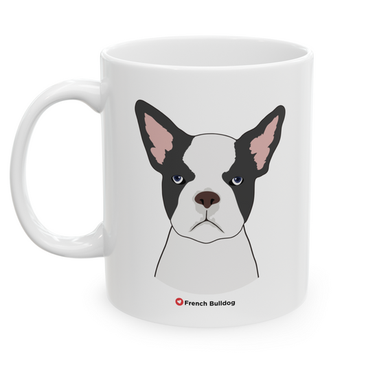 Left view white ceramic 11 oz mug featuring a drawing of a French Bulldog Dog. Clean white background.