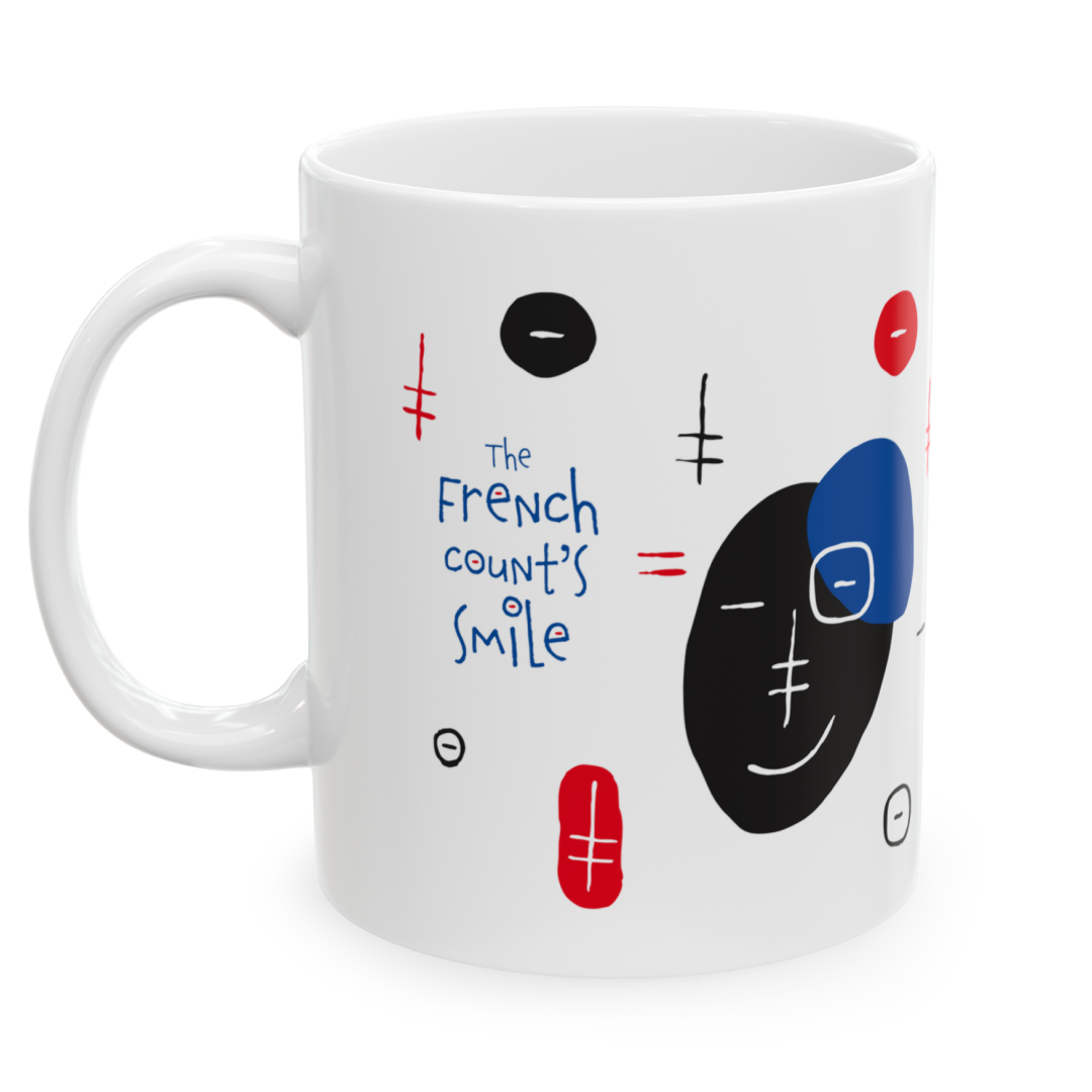 Photo of a white ceramic mug with a drawing of The French Count’s Smile Mug, set against a plain white background