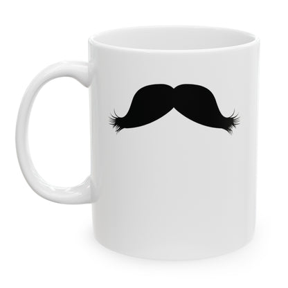 Photo of a white ceramic mug with a drawing of Friedrich Nietzsche’s mustache, set against a plain white background.