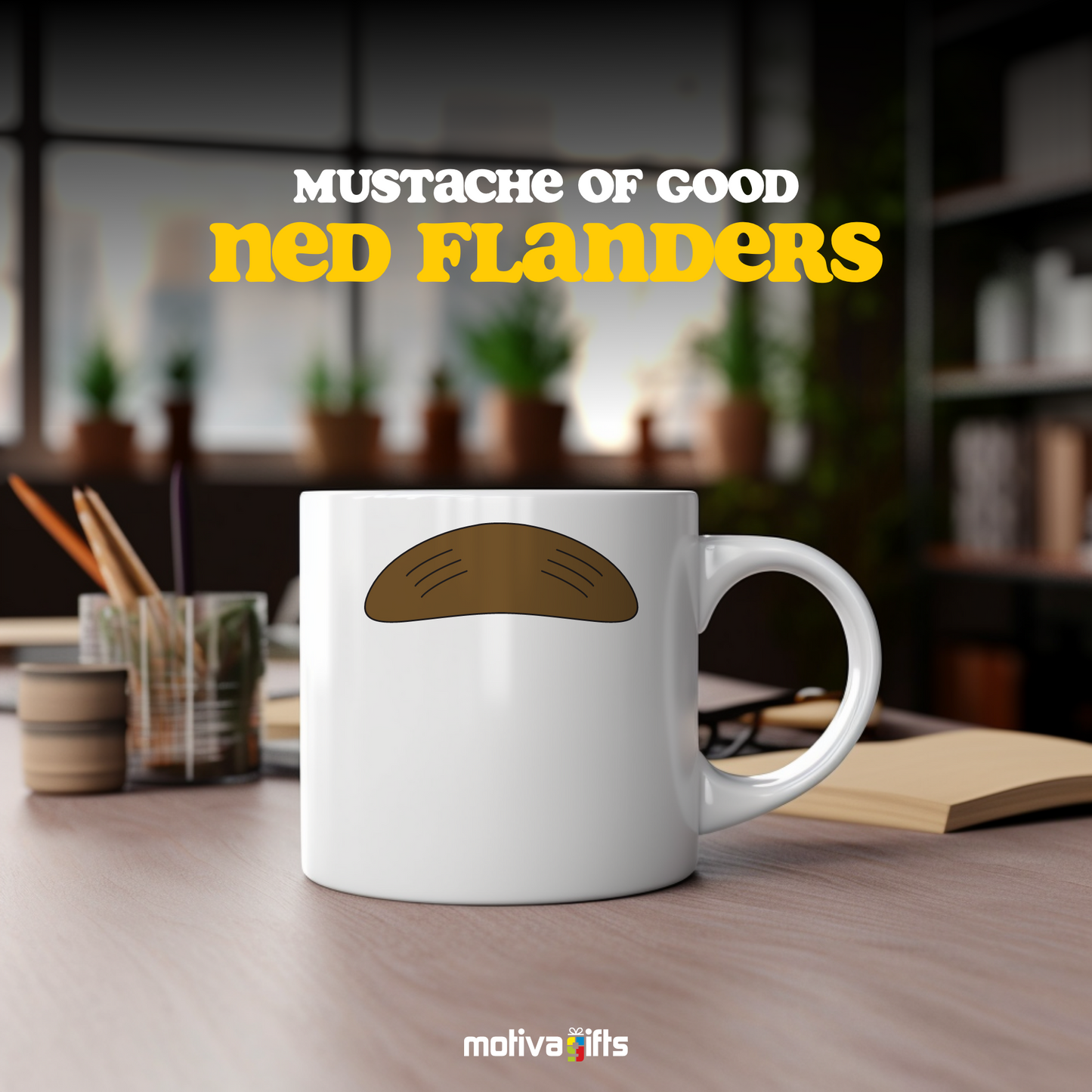 Front view of white coffee mug with gray mustache design inspired by Ned Flanders By Motiva Gifts