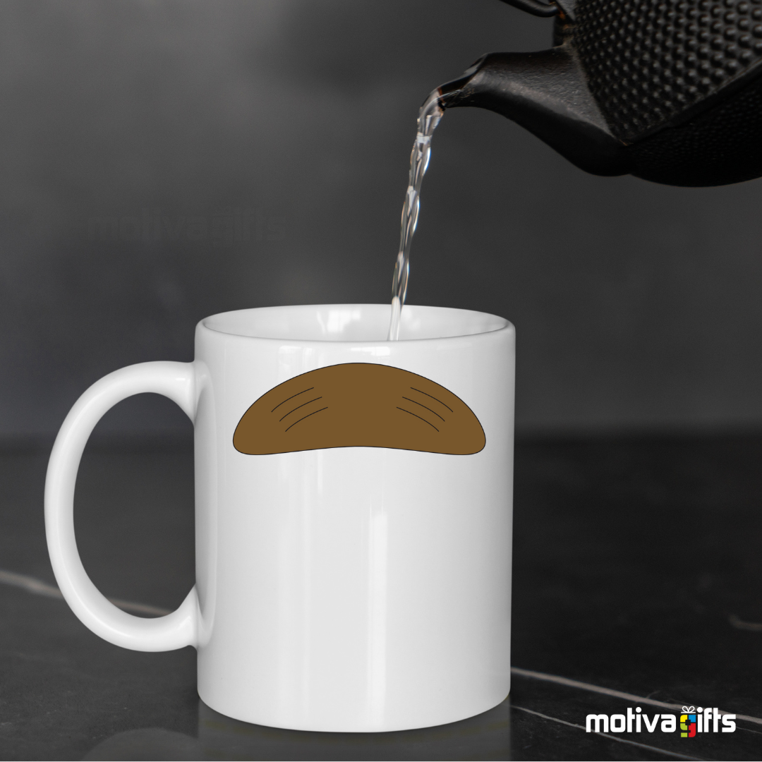 Front view of white coffee mug with gray mustache design inspired by Ned Flanders By Motiva Gifts