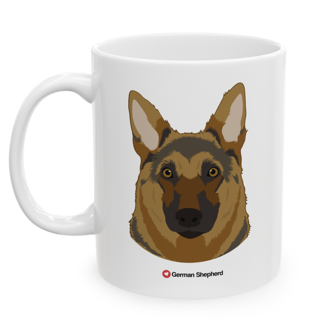 Left view white ceramic 11 oz mug featuring a drawing of a German Shepherd Dog. Clean white background.