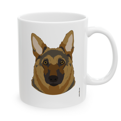 Right view white ceramic 11 oz mug featuring a drawing of a German Shepherd Dog. Clean white background.