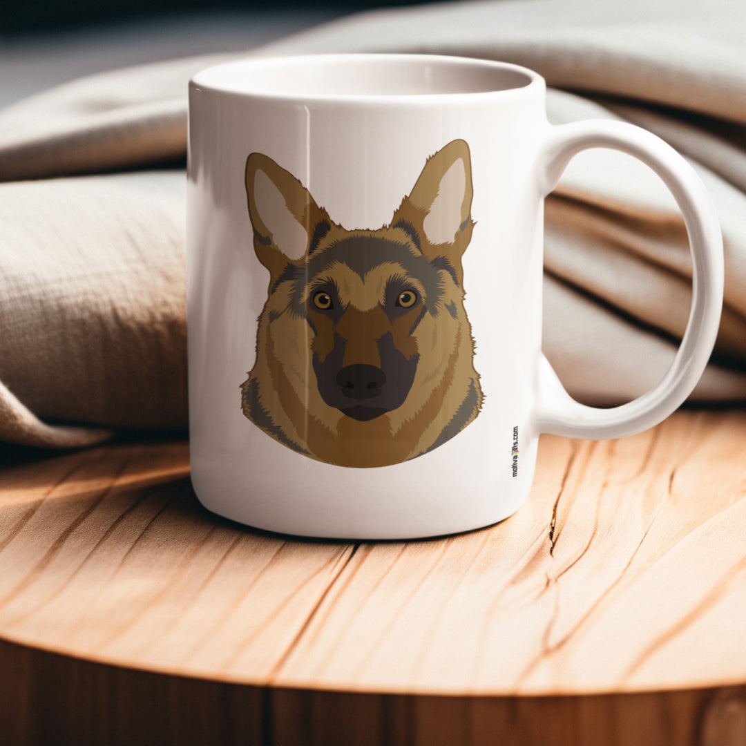 German Shepherd Love Dogs White 11 oz Ceramic Mug, featuring a wooden table in a relaxing living room.