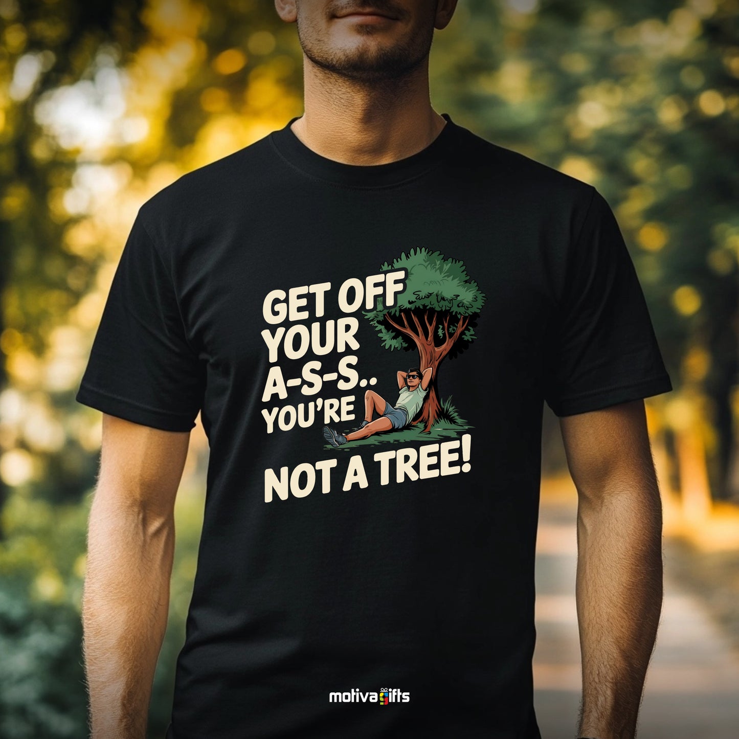 Man wearing an: Black Unisex T-shirt with graphic design Get Off Your A-SS…You're not a Tree! 